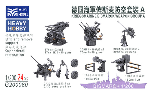 MUYIモデル G200080 1/200 ドイツ海軍 戦艦ビスマルク 兵装グループA 超精密3Dプリントキット(24パーツ)