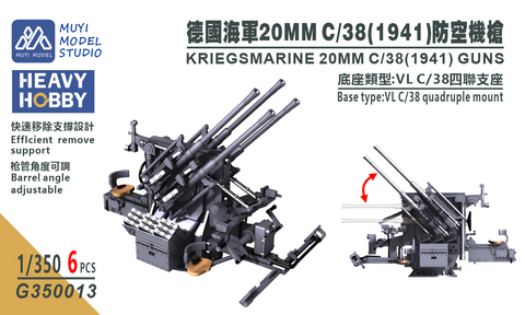 MUYIモデル G350013 1/350 ドイツ海軍 20mm C/38 (1941) 機関砲 超精密3Dプリントキット(6門入り)