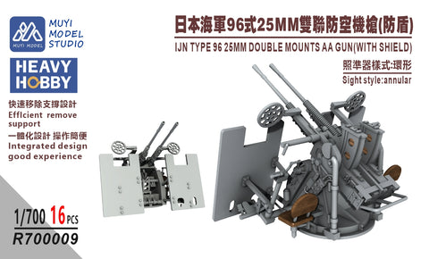 MUYIモデル R700009 1/700 日本海軍 九六式25mm連装機銃(防盾付き) 超精密3Dプリントキット(16基入り)