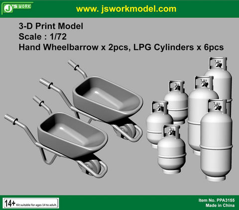 J's Work PPA3155 1/72 3Dプリント 手押し車(2個)・LPGシリンダー(6個)