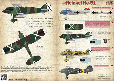 プリントスケール 72-012 1/72 ハインケル He-51