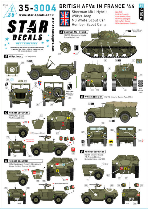スターデカール 35-3004 1/35 イギリス フランスのAFV '44. シャーマン Mk I ハイブリッド, ジープ ウィリス, M3 ホワイトスカウトカー, ハンバー偵察車