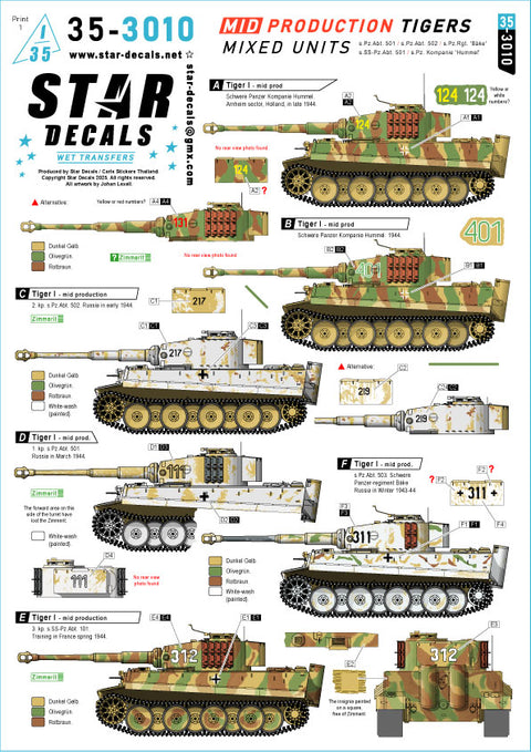 スターデカール 35-3010 1/35 タイガー重戦車中期型. 第501・502重戦車大隊, フンメル重戦車中隊, ベーケ重戦車連隊, 第501SS重戦車大隊,