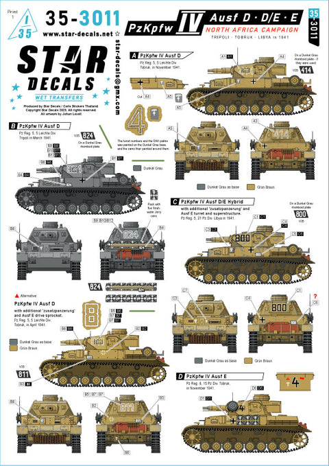 スターデカール 35-3011 1/35 IV号戦車D, D/E, E型. 北アフリカ戦線. トリポリ, トブルク リビア in 1941.