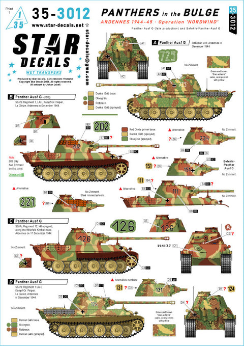 スターデカール 35-3012 1/35 バルジの戦いのパンサー. アルデンヌ 1944/45年 - ノルトヴィント作戦. パンサーG型後期型 and パンサー指揮戦車G型