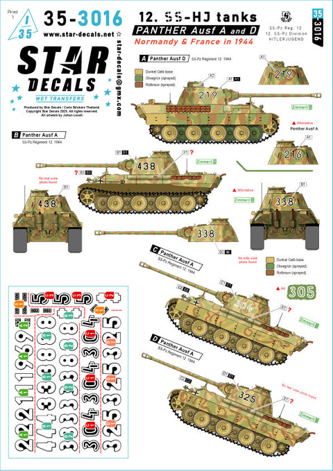 スターデカール 35-3016 1/35 パンサーA・D型. 第12-SS装甲師団ヒトラーユーゲントの戦車. ノルマンディー and フランス in 1944.