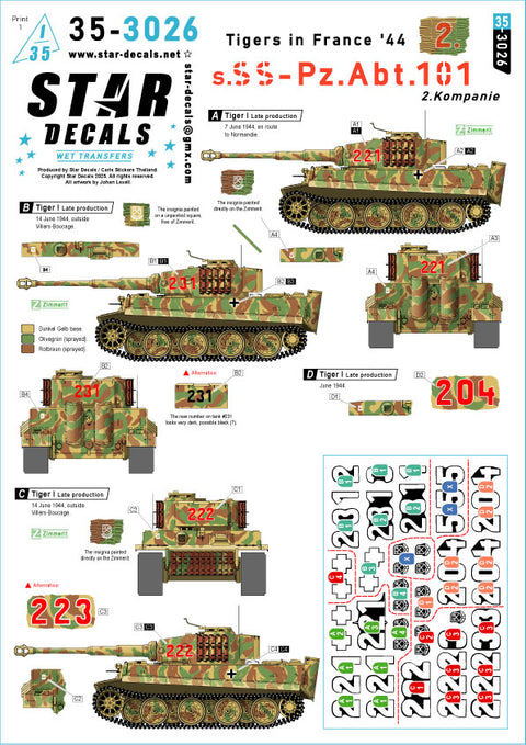 スターデカール 35-3026 1/35 フランスのタイガー重戦車'44 # 2. 第2中隊/ 第101SS重戦車大隊. タイガーI後期型