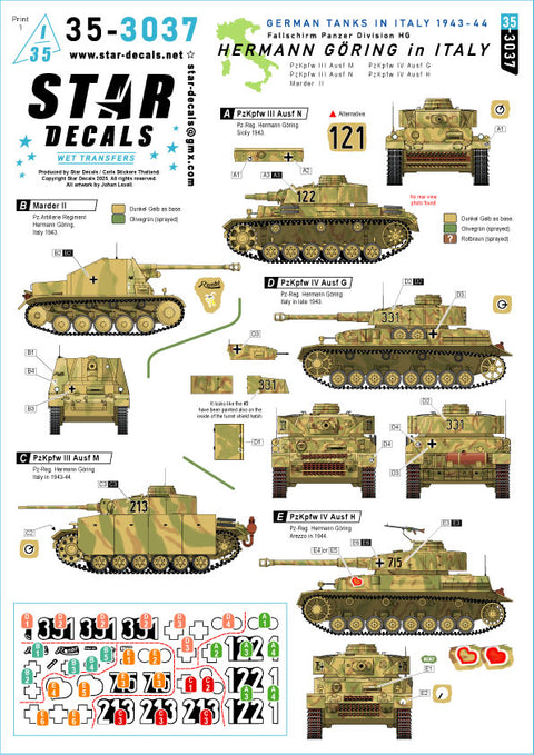スターデカール 35-3037 1/35 イタリア戦線のヘルマン・ゲーリング師団. Fallschirm Panzer Div. HG. マーダーII, III号戦車M/N型, IV号戦車G/H型.
