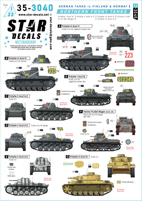 スターデカール 35-3040 1/35 北方戦線の戦車. フィンランドとノルウェーのドイツ戦車 # 1. I号戦車B型, I号指揮戦車, LKW, II号戦車A-C型,III号戦車H/N型.