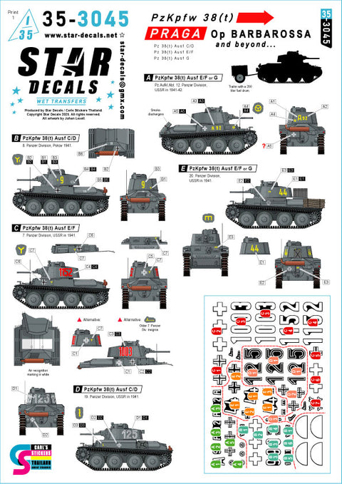 スターデカール 35-3045 1/35 PzKpfw 38(t) プラガ. バルバロッサ作戦 and beyond... PzKpfw 38(t)C/D型, D/E型 and G型.