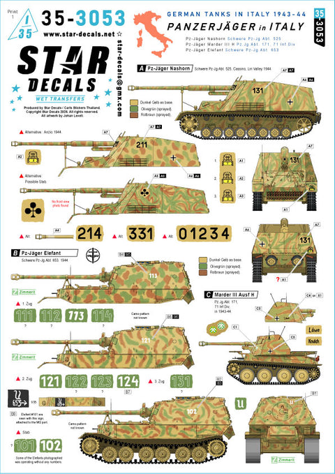 スターデカール 35-3053 1/35 イタリアのパンサーイェーガー. ナスホーン, マーダー III H and エレファント. s.Pz-Jg Abt 525, s.PzJg Abt 653, Pz-Jg.Abt 171.
