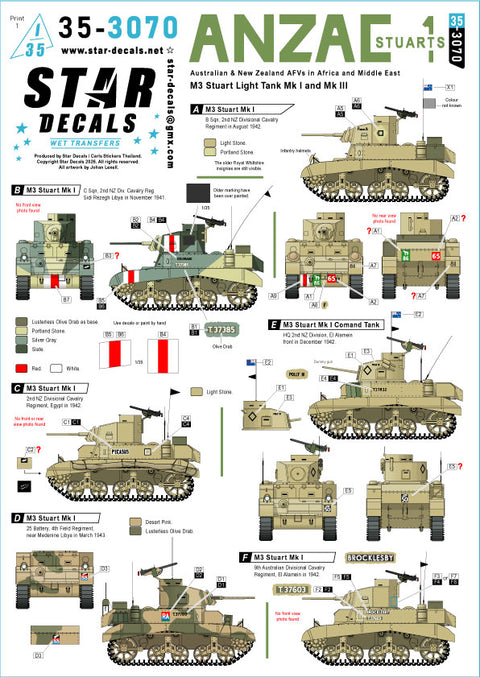 スターデカール 35-3070 1/35 アンザック軍のスチュアート戦車:中東・アフリカ戦線 — M3スチュアート軽戦車 Mk IおよびMk III