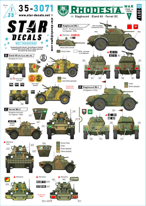 スターデカール 35-3071 1/35 ローデシア #1:装甲車 1950年~1980年代 — スタッグハウンド、イーランド60、フェレット Mk.2