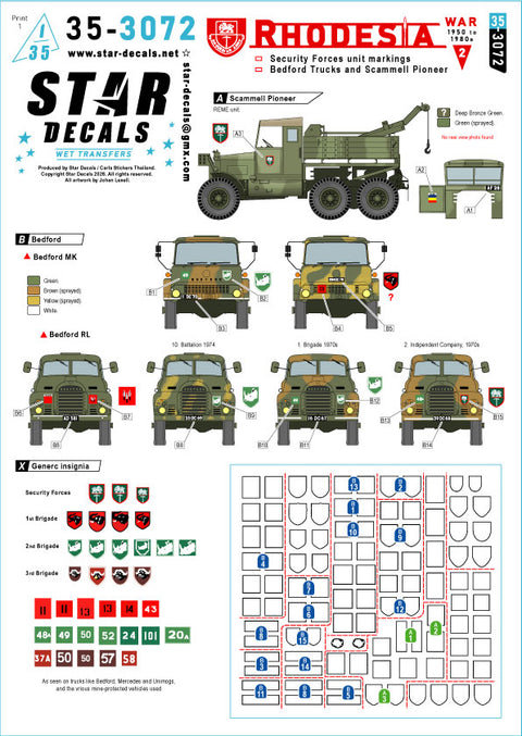 スターデカール 35-3072 1/35 ローデシア #2:治安部隊の汎用部隊識別マーク(ベッドフォードMK・RLおよびスカメル用)