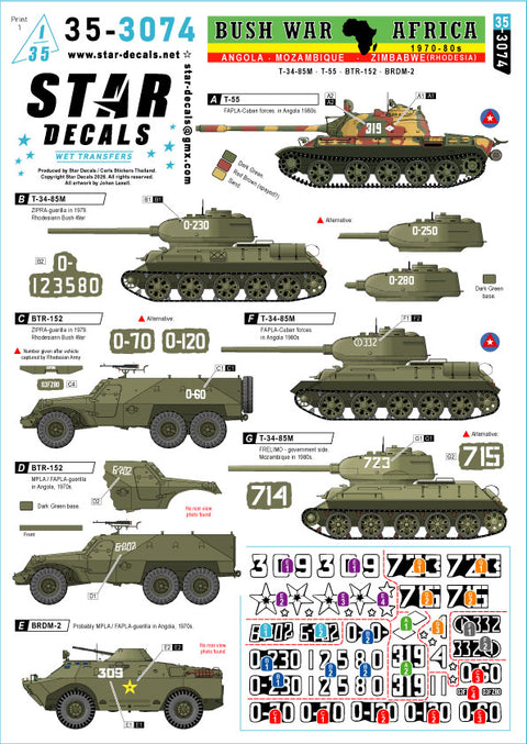 スターデカール 35-3074 1/35 ブッシュ戦争アフリカ 1970 ~ 80 年代。アンゴラ、モザンビーク、ジンバブエ・ローデシア。 T-34-85M、T-55、BTR-152、BRDM-2。