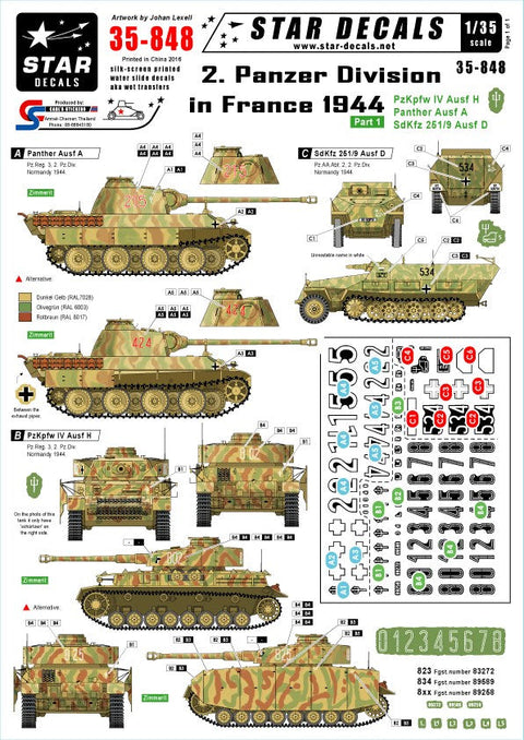 スターデカール 35-848 1/35 第2装甲師団 イン フランス 1944-IV号戦車 H型, パンサーA・SdKfz 251パンサー