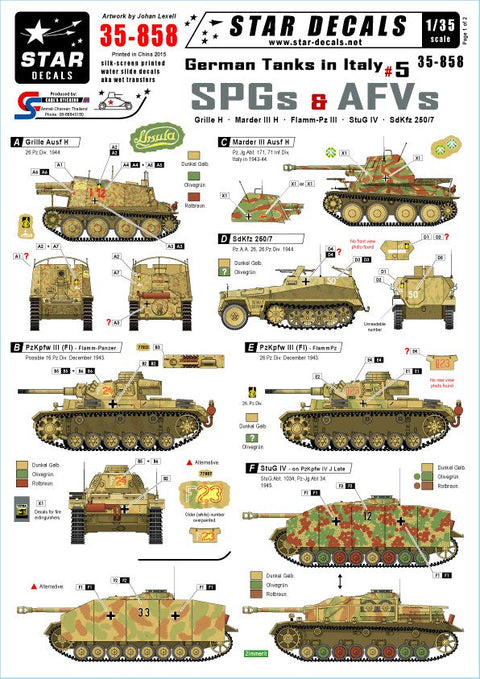 スターデカール 35-858 1/35 ジャーマンタンクス イン イタリア #5-グリレ, IV号突撃砲, III号火炎放射, マーダーIII H, Sdkfz 250
