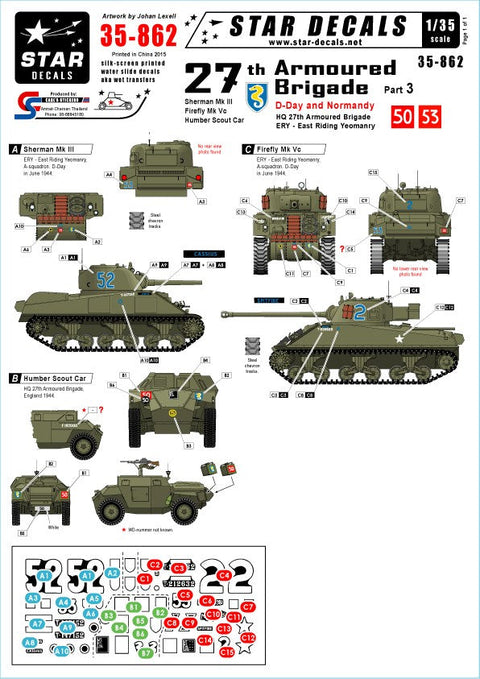 スターデカール 35-862 1/35 第27機甲旅団 # 3 - D-Day/ノルマンディ, イーストライディング義勇農騎兵連隊
