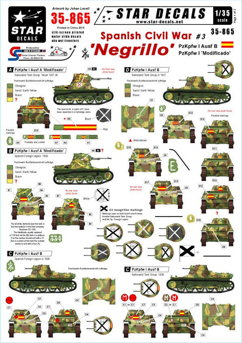 スターデカール 35-865 1/35 スペイン内戦 # 3 I号戦車B型/I号戦車20mm機関砲搭載型