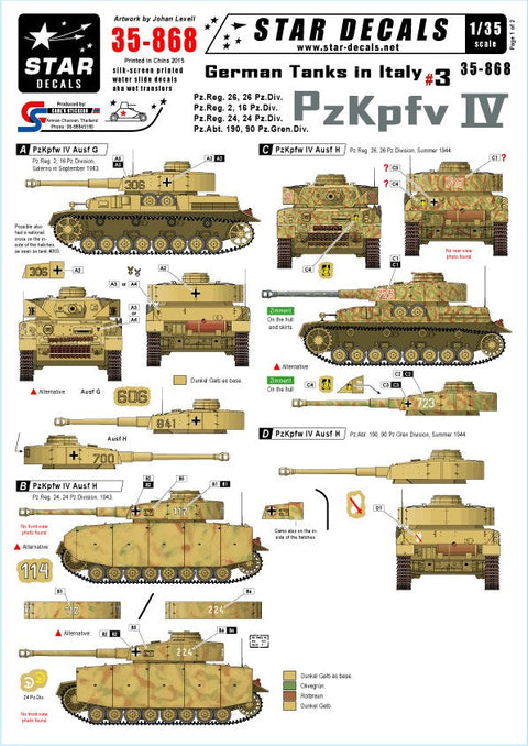 スターデカール 35-868 1/35 ジャーマンタンクス イン イタリア #3-IV号戦車 G・H 型
