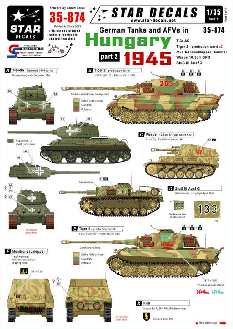 スターデカール 35-874 1/35 ジャーマンタンクス イン ハンガリー 1945 #2 T-35-85, タイガーII, III号突撃砲G型,フンメル,ヴェスペ