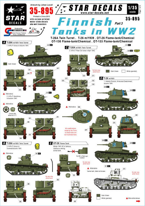 スターデカール 35-895 1/35 フィンランド戦車 イン WWII # 3 T-26A 双砲塔, T-26 1939年型, OT-130/133火炎放射器戦車