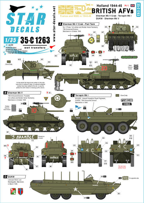 スターデカール STAR-35-C1263 1/35 WWII イギリス オランダでのイギリス陸軍戦車と装甲車 シャーマンMkV シャーマンクラブ DUKW テラピン水陸両用車