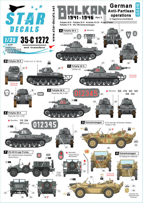 スターデカール 35-C1272 1/35 WWII バルカン#3 ユーゴスラビアとアルバニアにおける アンチパルチザンオペレーション時のドイツ軍AFV