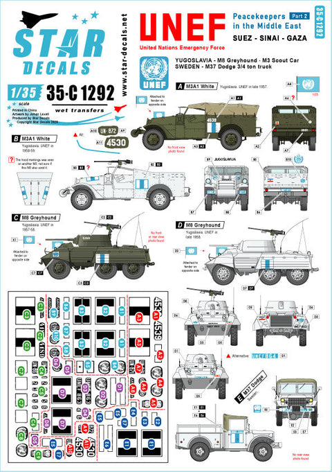 スターデカール 35-C1292 1/35 中東での平和維持軍.スエズ, シナイ、ガザ地区の国際連合緊急軍. ユーゴスラビアとスウェーデンの車両.