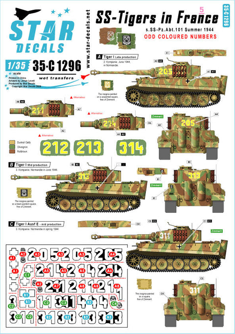 スターデカール 35-C1296 1/35 フランスのSS-タイガー # 5. 奇数色の砲塔番号. 1944年夏のSS第101重戦車大隊