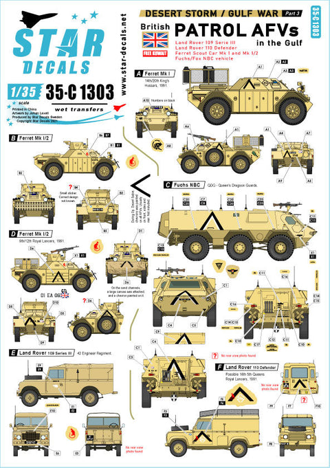 スターデカール 35-C1303 1/35 砂漠の嵐作戦 # 3. イギリスのパトロール AFV 湾岸戦争 1990-91 フェレット, フクスNBC & ランドローバー