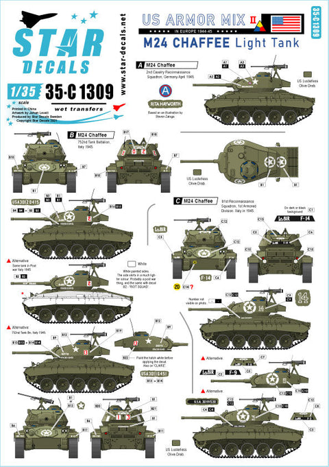 スターデカール 35-C1309 1/35 アメリカ軍 AFV ミックス # 2. M24 チャーフィー インヨーロッパ