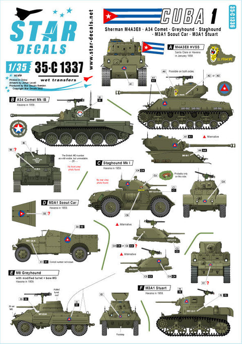 スターデカール 35-C1337 1/35 キューバ軍の戦車とAFV#1 M4A3E8シャーマン A34コメット スタッグハウンド グレイハウンド M3A1スカウトカー M3A1スチュアート