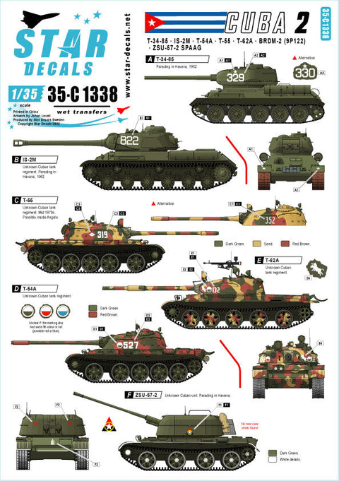 スターデカール 35-C1338 1/35 キューバ軍の戦車とAFV#2 T-34/85 IS-2M T-54A/55/62A ZSU-57-2 BRDM-2(9P122)