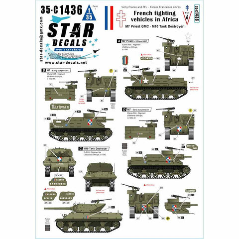 スターデカール 35-C1436 1/35フランスのM7プリースト&M10 (駆逐戦車) アフリカにおけるフランスの戦闘車両その4 1943-44年 第62RCA対空砲火砲戦車・第7RCA対空砲火砲戦車