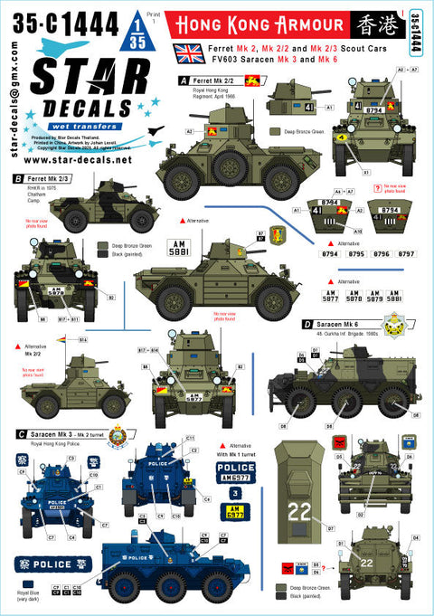 スターデカール 35-C1444 1/35 現用 イギリス ホンコンアーマー 香港のイギリスAFV#1 フェレット/サラセン装甲車
