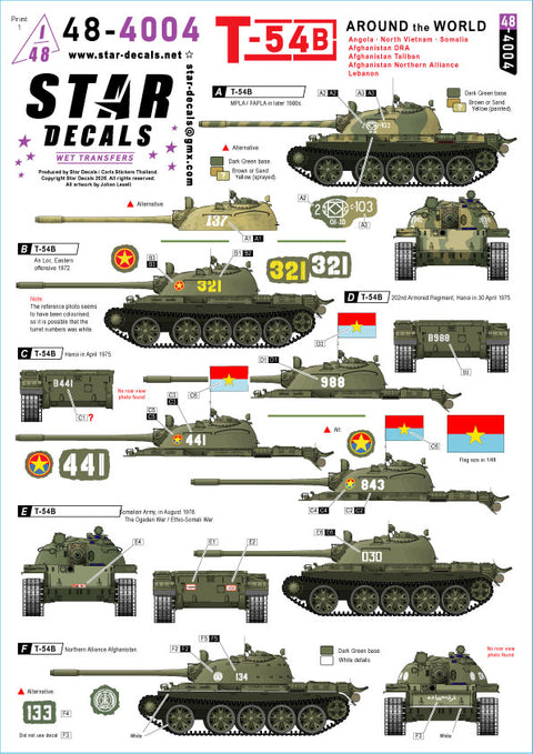 スターデカール 48-4004 1/48 世界を巡るT-54B:アンゴラ、北ベトナム、ソマリア、アフガニスタン(DRA/タリバン/北部同盟)、レバノン
