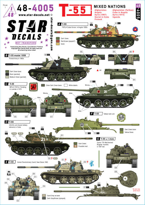 スターデカール 48-4005 1/48 T-55(多国籍仕様):アフガニスタン(タリバン)、アンゴラ、アンゴラ駐留キューバ軍、シリア、キューバ駐留ソ連軍、フィンランド、ウガンダ。