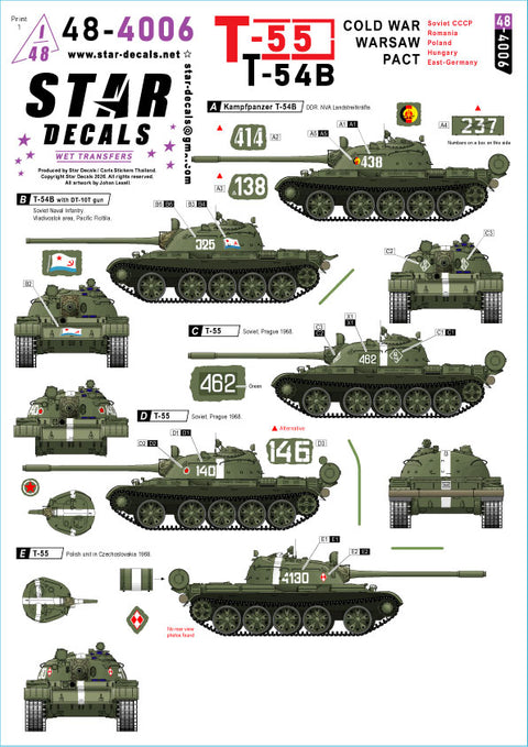 スターデカール 48-4006 1/48 T-55(冷戦期・ワルシャワ条約機構):ソ連(CCCP)、ルーマニア、ポーランド、ハンガリー、東ドイツ(DDR)。