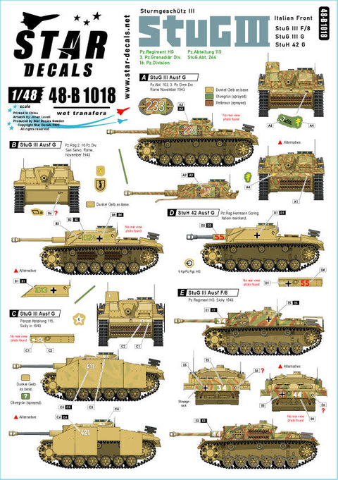 スターデカール 48-B1018 1/48 イタリア戦線のIII号突撃砲