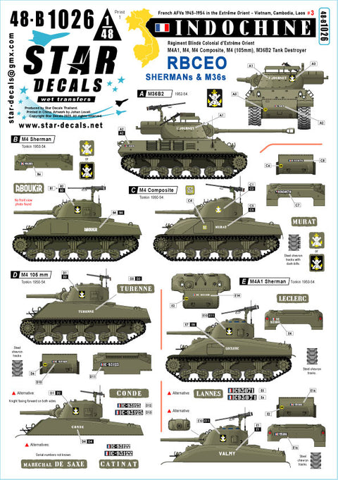 スターデカール 48-B1026 1/48 インドシナ # 3. R.B.C.E.O. シャーマン and M36s. M4, MA1, M4 Composite, M4(105mm), M36B2駆逐戦車