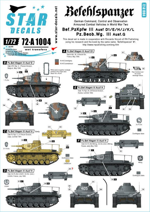 スターデカール 72-A1004 1/72 指揮戦車 # 2 III号指揮/観測戦車 デカール