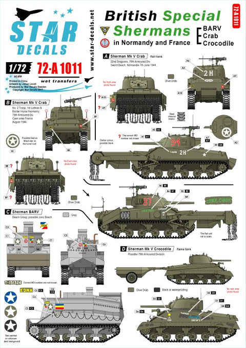 スターデカール 72-A1011 1/72 ブリティッシュスペシャルシャーマン海岸用装甲回収車,クラブ,クロコダイル デカール