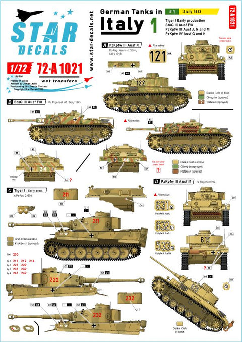 スターデカール 72-A1021 1/72 イタリア戦線のドイツ戦車#1 シチリア島編1943年 タイガーI極初期型 III号突撃F/8型 III号戦車J/N/M 型IV号G/H型