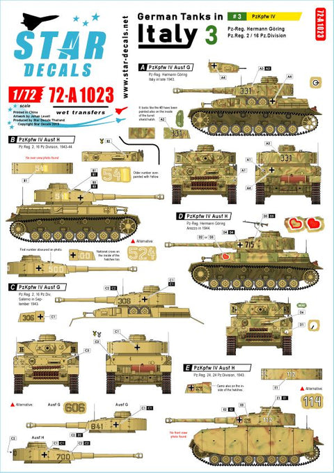 スターデカール 72-A1023 1/72 イタリア戦線のドイツ戦車#3 IV号戦車G型とH型