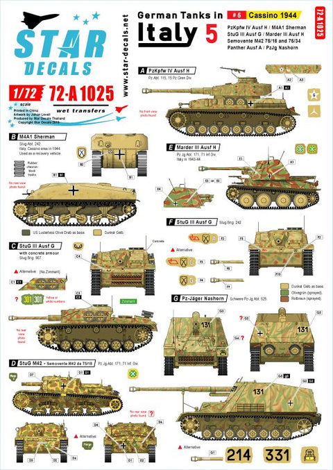 スターデカール 72-A1025 1/72 イタリア戦線のドイツ戦車#5 カッシーノの戦い1944年