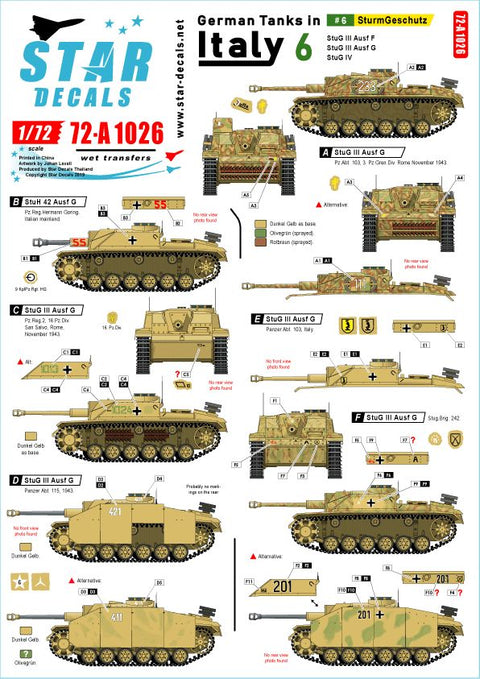 スターデカール 72-A1026 1/72 イタリア戦線のドイツ戦車#6 III号突撃砲F/8型 III号突撃砲G型 IV号突撃砲(IV号戦車J型車体)