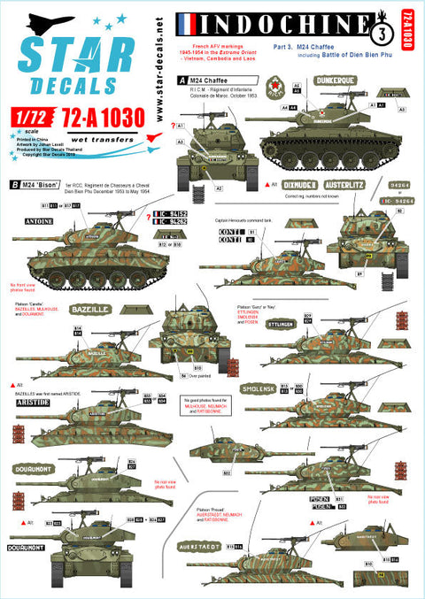 スターデカール 72-A1030 1/72 インドシナ紛争 #3 M24チャーフィー /バイソン ディエンビエンフーの1次 R.C.C,R.I.C.M. &他ユニット