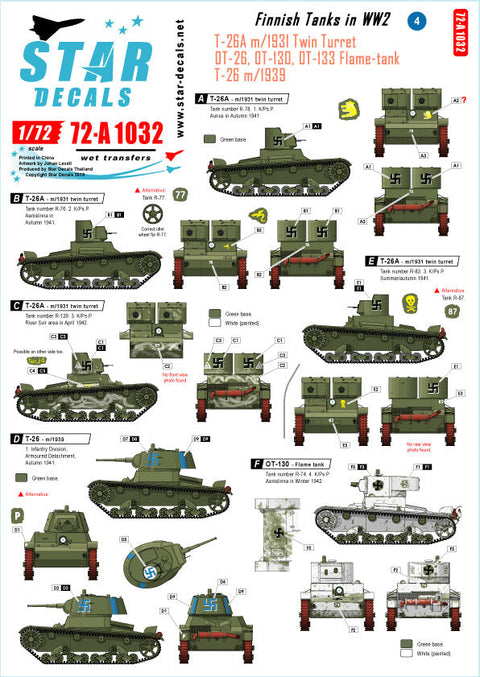 スターデカール 72-A1032 1/72 フィンランド戦車#4 T-26 m/31 ツインターレット, T-26 m/39, OT- 26, OT-130 and OT-133.