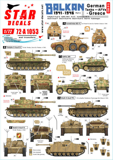 スターデカール 72-A1053 1/72 バルカンWWII#3 1941年以降のギリシャに於けるドイツ軍戦車とAFV (突撃師団「ロードス」含む)